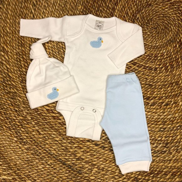 NWT 3Pc Set Newborn 6-11lbs TinyBundles Duck Hat Bodysuit Pants Blue Baby Boy - Picture 4 of 4